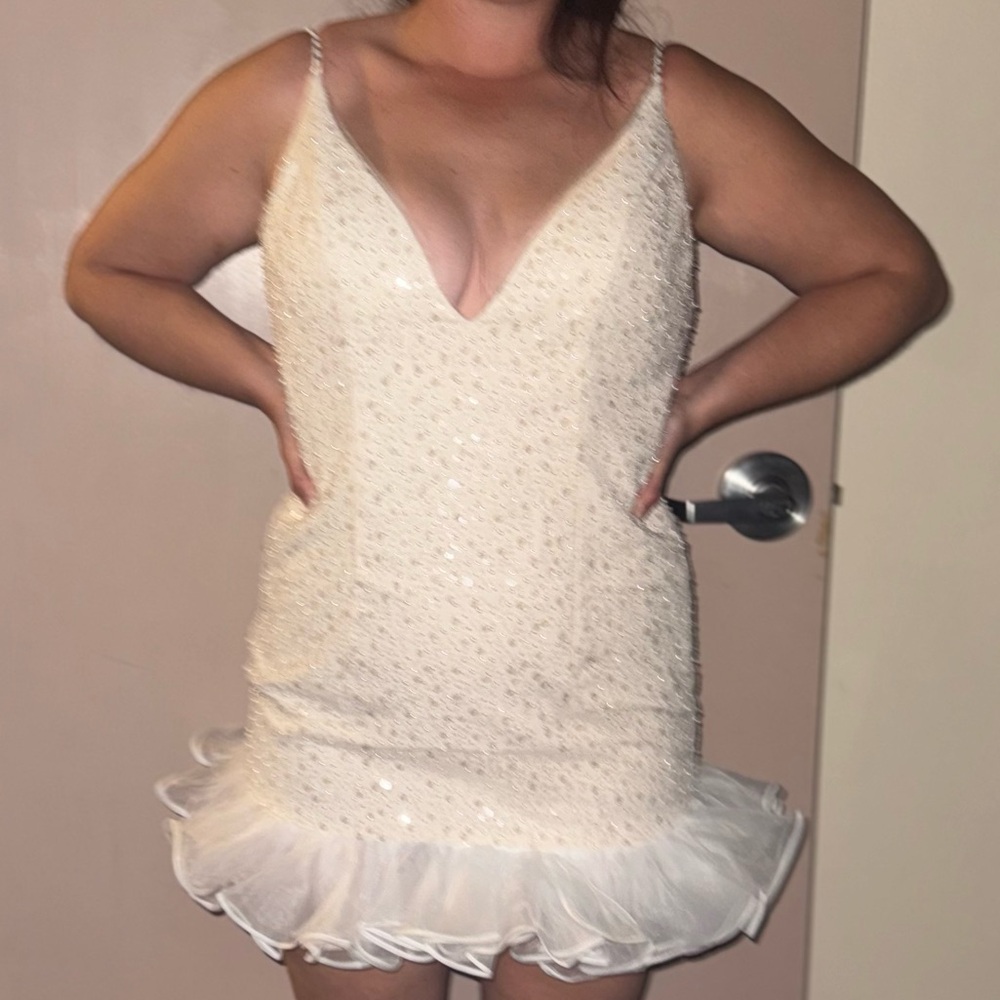Glamorous White/Ivory Sequin Dress with Ruffle Hem